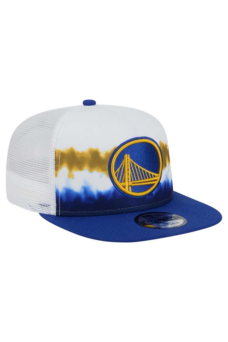 Men's New Era White/Royal Golden State Warriors Dip-Dye 9FIFTY A-Frame Trucker Snapback Hat, Alternate, color, White