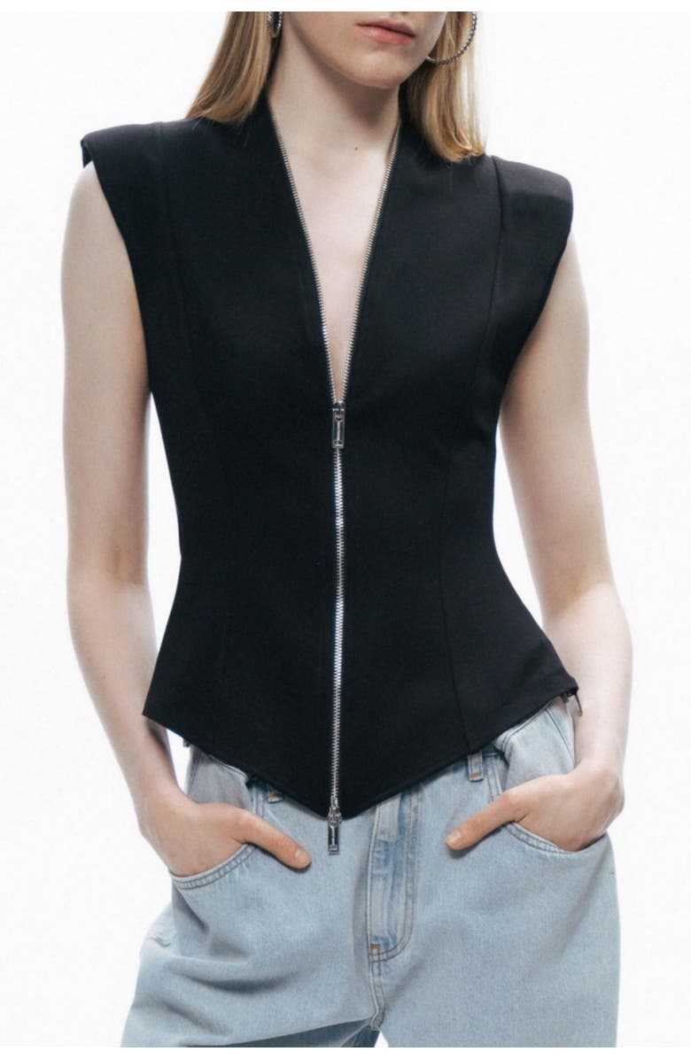 Nocturne Black Sleeveless Zip-Front Blouse with Structured Silhouette, Main, color, 