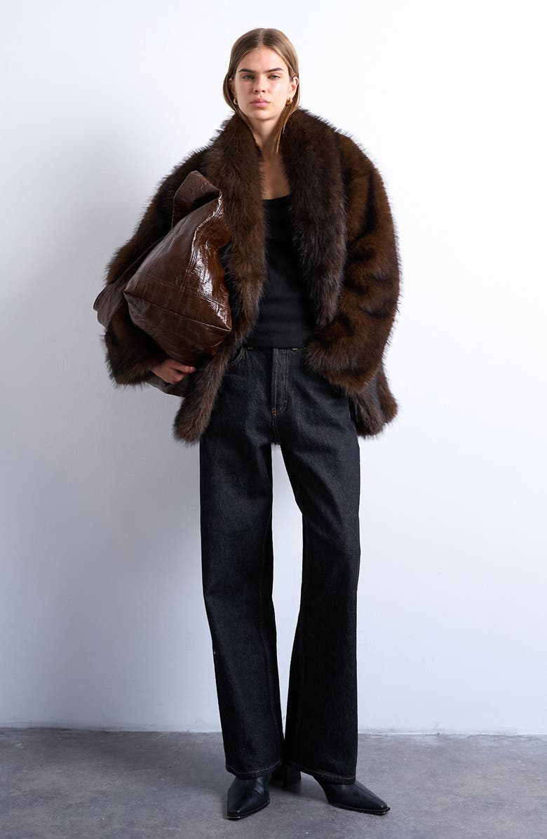 Topshop Faux Fur Shawl Collar Coat, Alternate, color, Brown