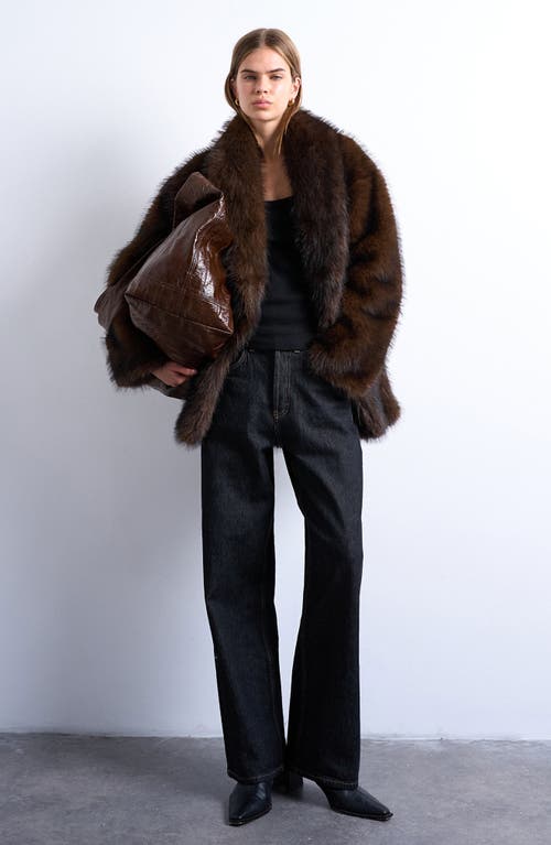 Topshop Faux Fur Shawl Collar Coat In Brown