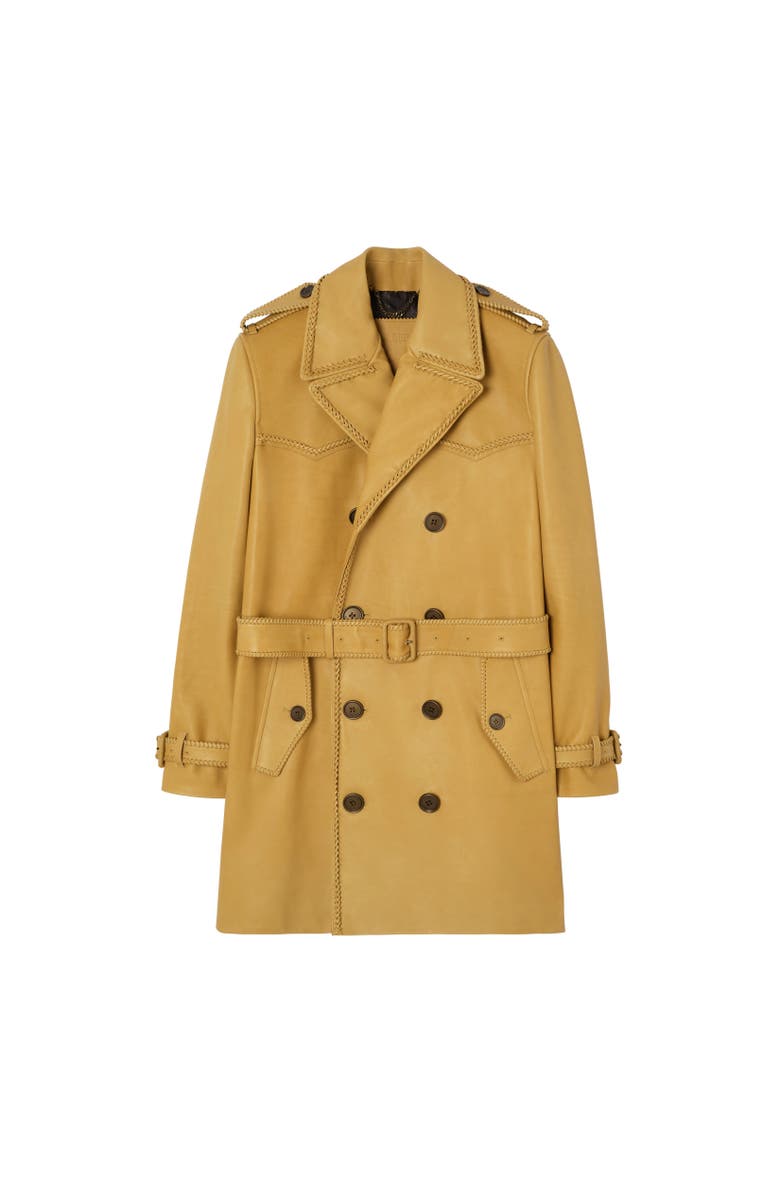 Burberry Mid-length Leather Leverton Trench Coat, Alternate, color, Mustard Yellow