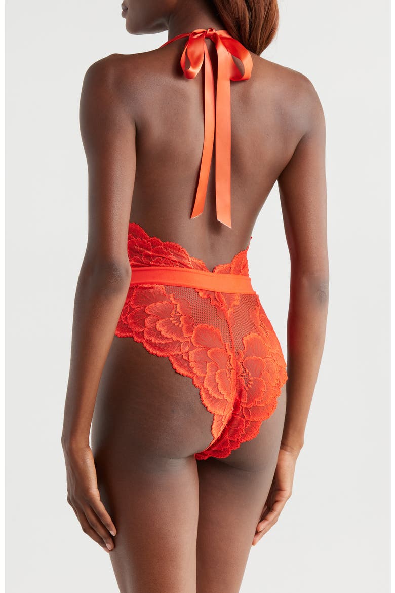 Floral Lace Halter Teddy, Alternate, color, TIGERLILY
