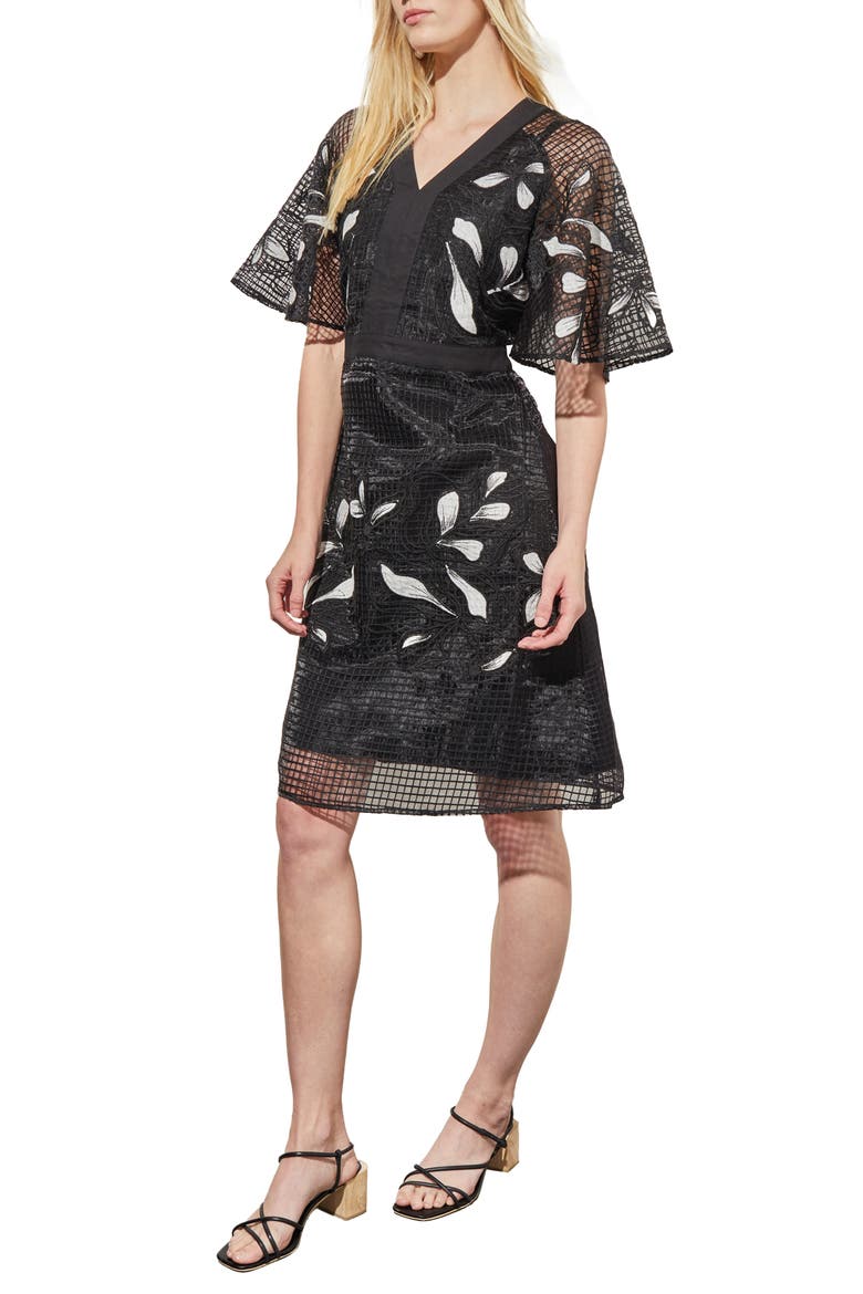 Floral Appliqué Mixed Media Dress, Alternate, color, BLACK/WHITE