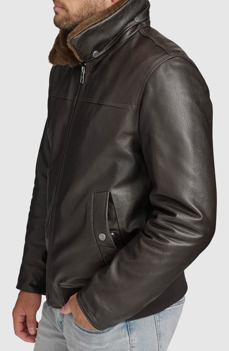 Andrew Marc Hedland Shearling Collar Lambskin Leather Aviator Jacket, Alternate, color, Black