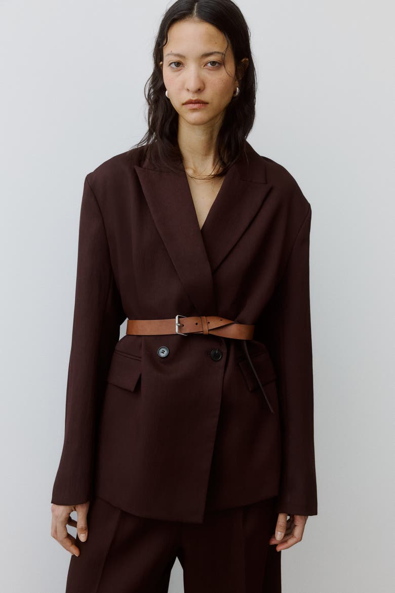 Belted Double-breasted Blazer, Alternate, color, Dark brown