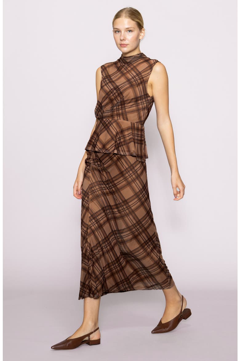 Side Ruched Plaid Mesh Skirt, Alternate, color, BROWN