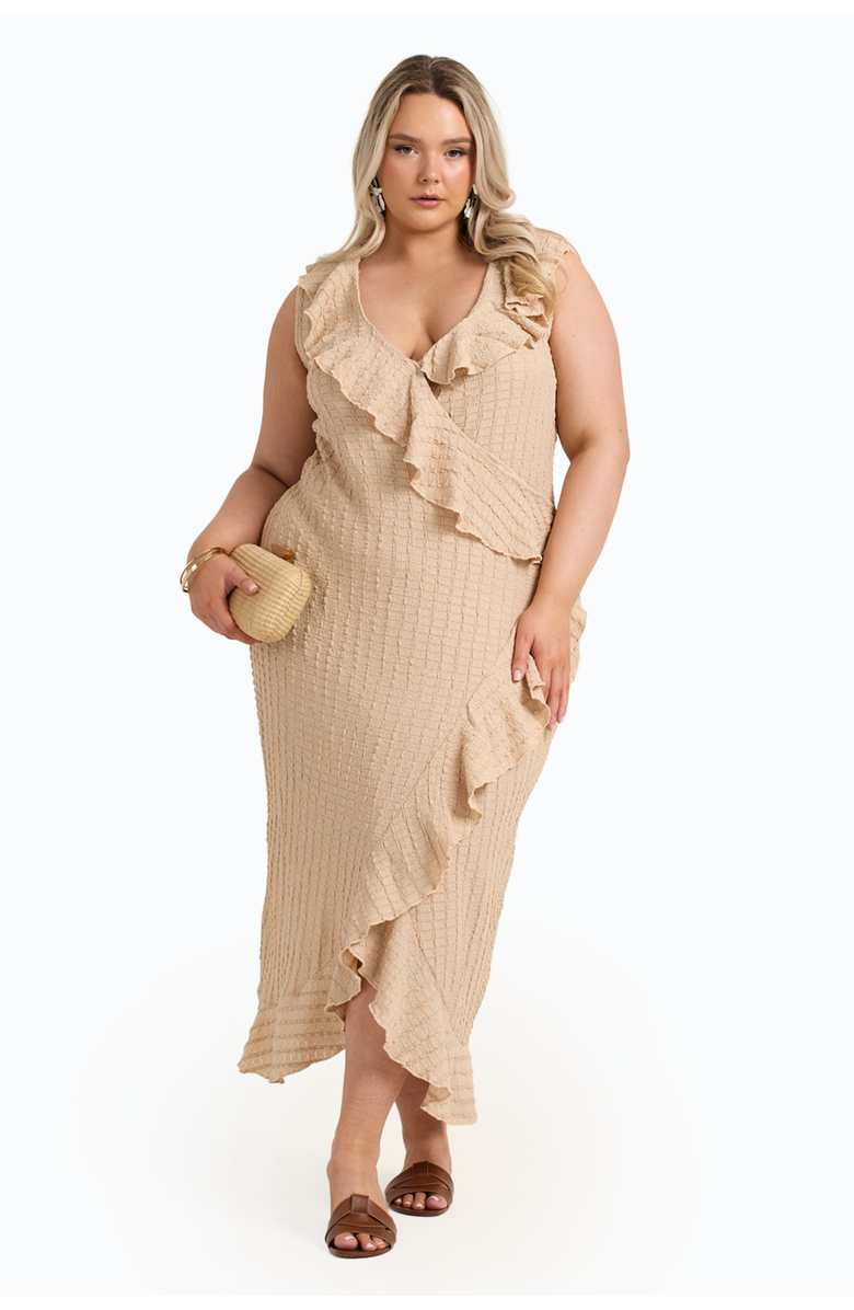 FASHION-SZN CURVE Ruffle Wrap Sleeveless Midi Dress, Main, color, Stone