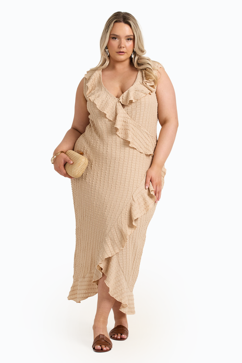 Ruffle Wrap Sleeveless Midi Dress