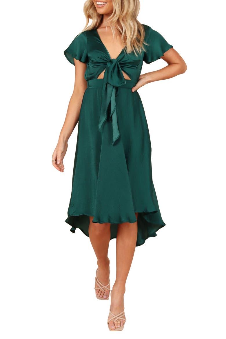 Amanda Tie Front Cutout High-Low Satin Dress, Main, color, EMERALD