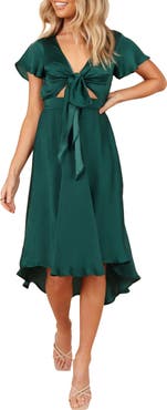 Petal & Pup Amanda Tie Front Cutout High-Low Satin Dress