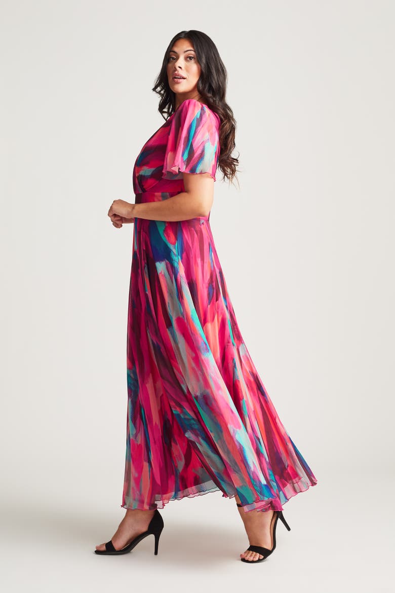 Isabelle Printed Angel Sleeve Dress, Alternate, color, Winter Pink