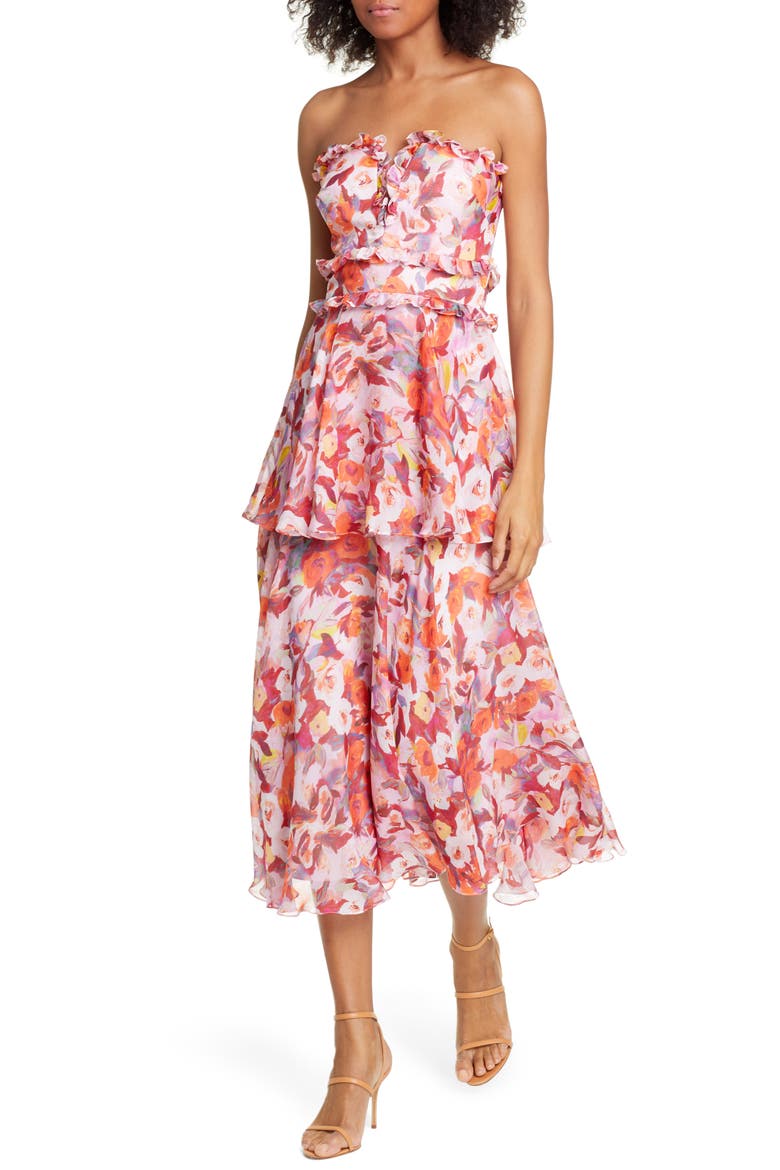 Darla Floral Print Silk Midi Dress, Alternate, color, RUST