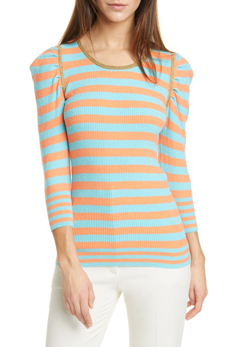 Stripe Rib Puff Sleeve Cotton Blend Sweater, Main, color, TANGERINE STRIPE W GOLD