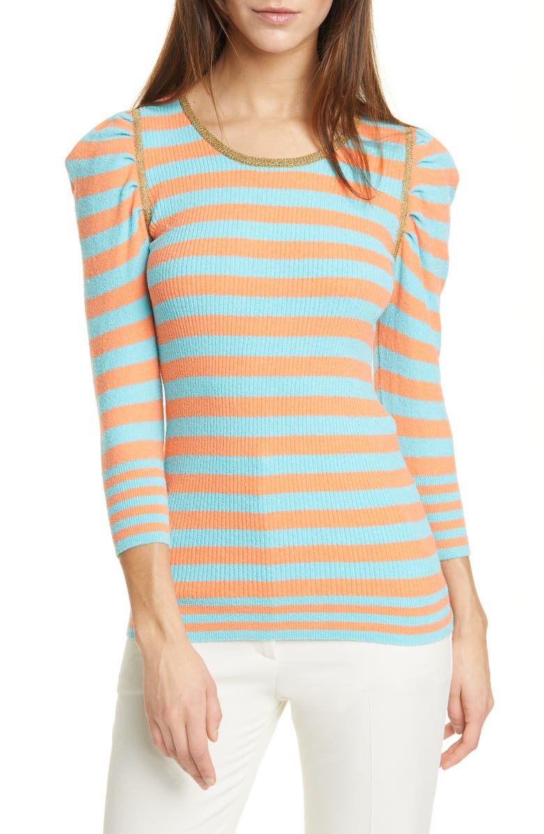 Smythe Stripe Rib Puff Sleeve Cotton Blend Sweater, Main, color, 