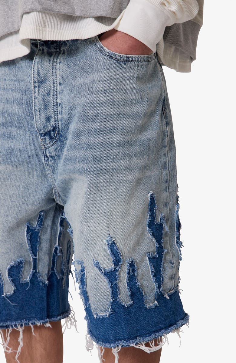 mnml Flame Rip & Repair Denim Shorts, Alternate, color,