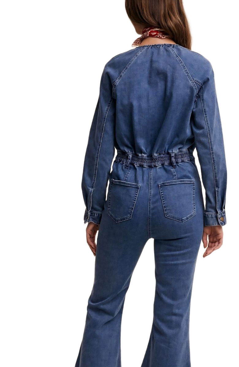 Knit and Lounge Denim Button-Front Flare Jumpsuit, Alternate, color, 