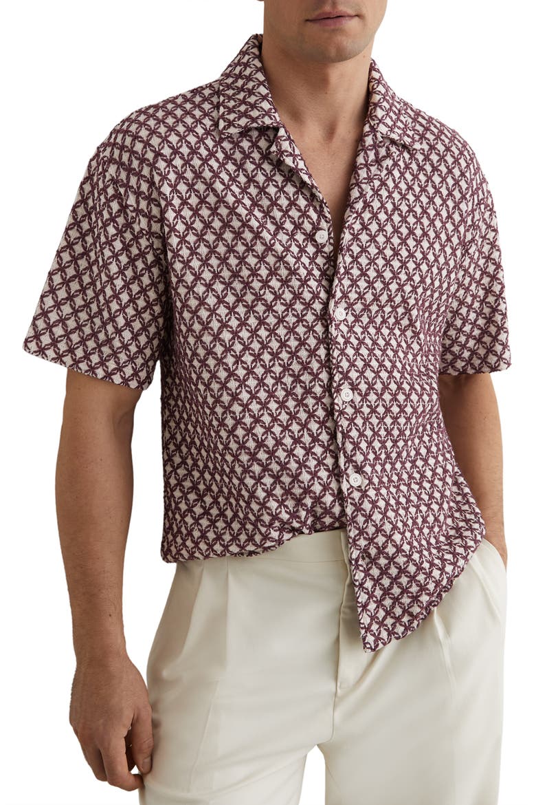 Mill Textured Short Sleeve Button-Up Shirt, Main, color, RUST RED