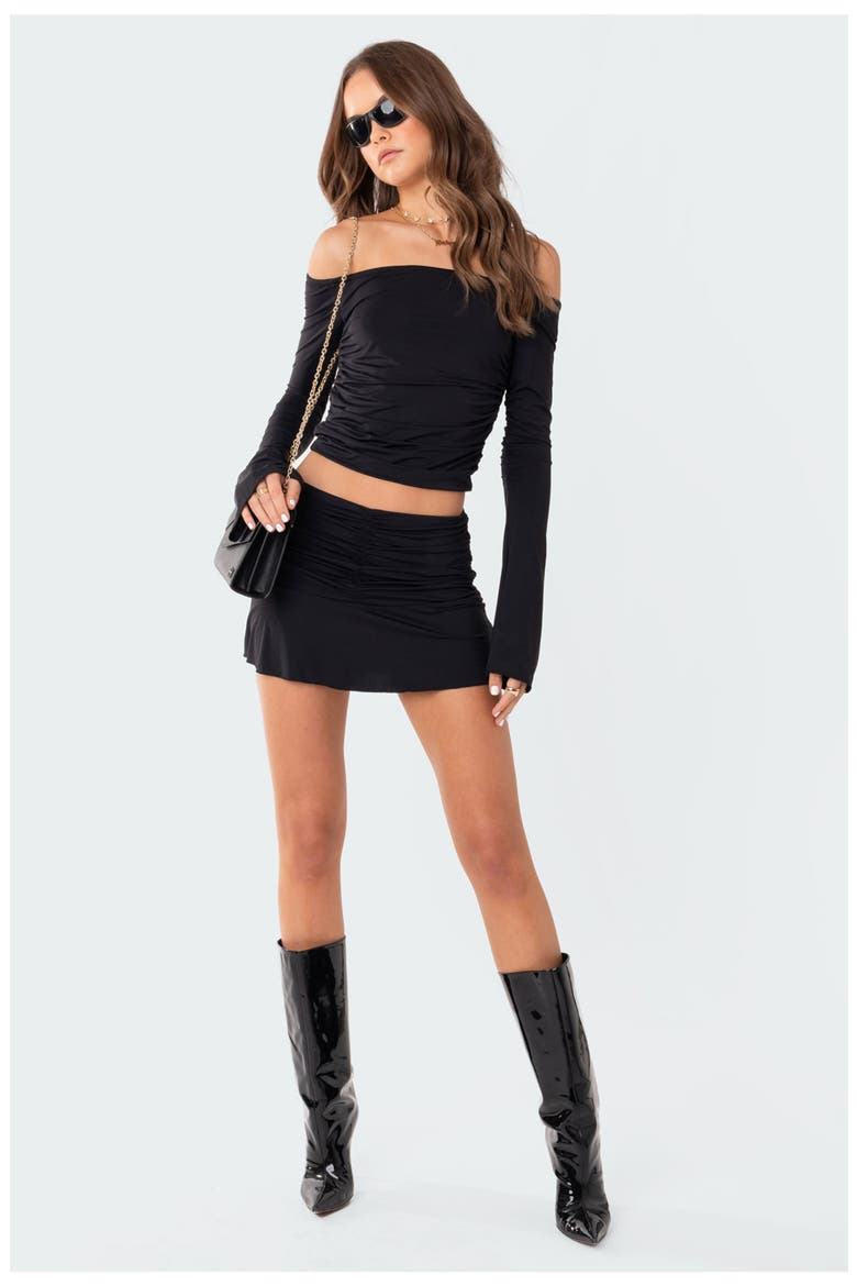Corey Ruched Low Rise Miniskirt, Alternate, color, BLACK