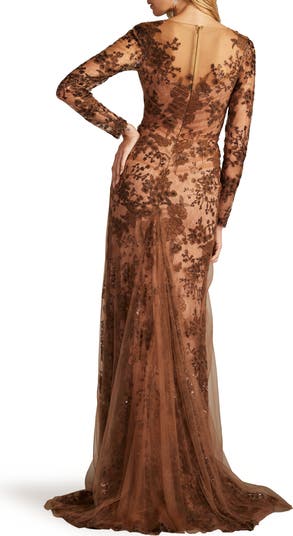 Embroidered Sequin Lace Long Sleeve Gown
