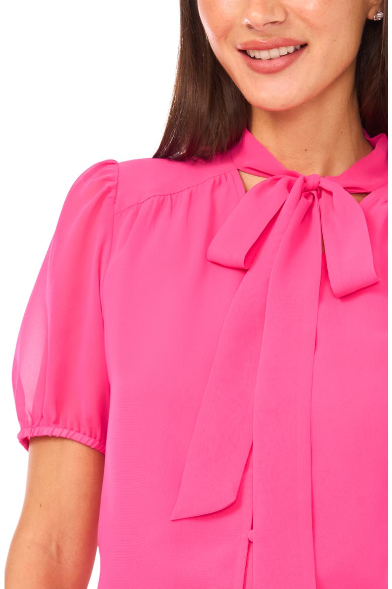 Puff Sleeve Tie Neck Top, Alternate, color, BRILLIANT FUCHSIA