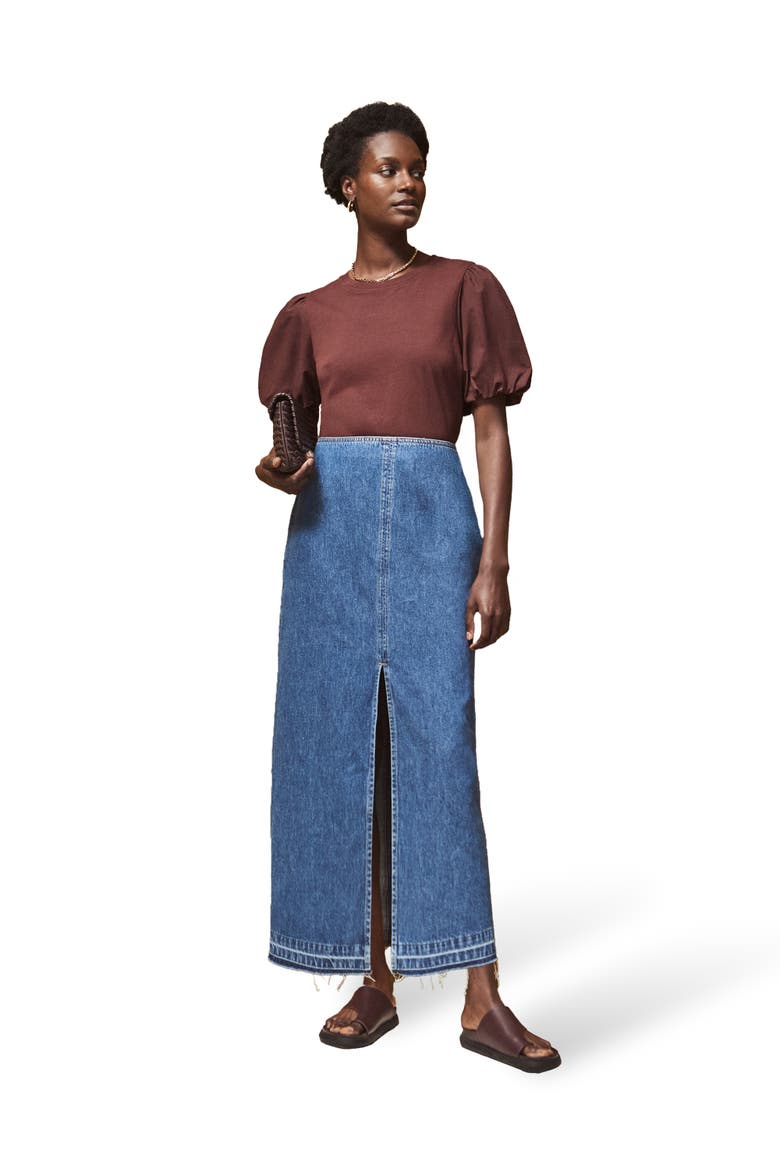 Denim Split Front Maxi Skirt, Main, color, Blue