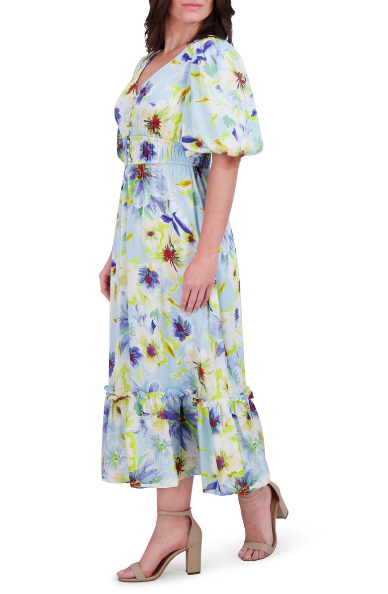 Kensie Puff Sleeve Midi Dress, Alternate, color, Light Blue Multi