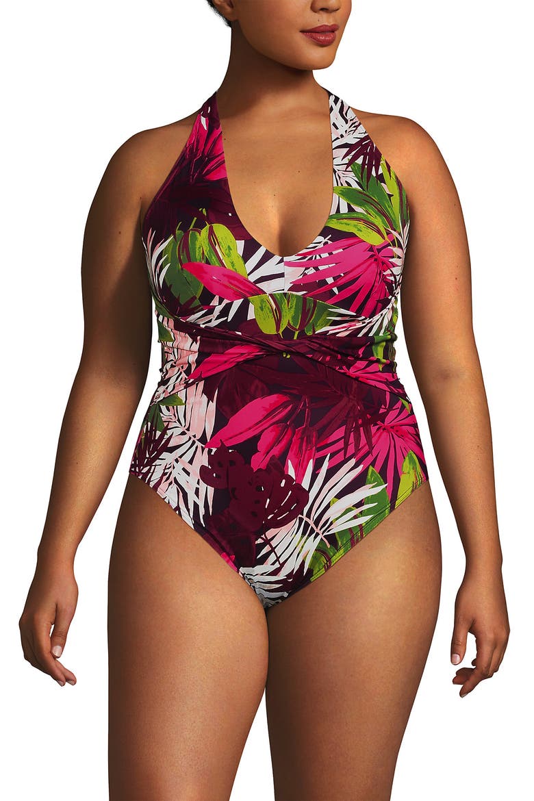 Plus Size Sculpting Suit Plunge Halter High Leg One Piece Swimsuit, Main, color, Dark Wine Multi Tropical Palm