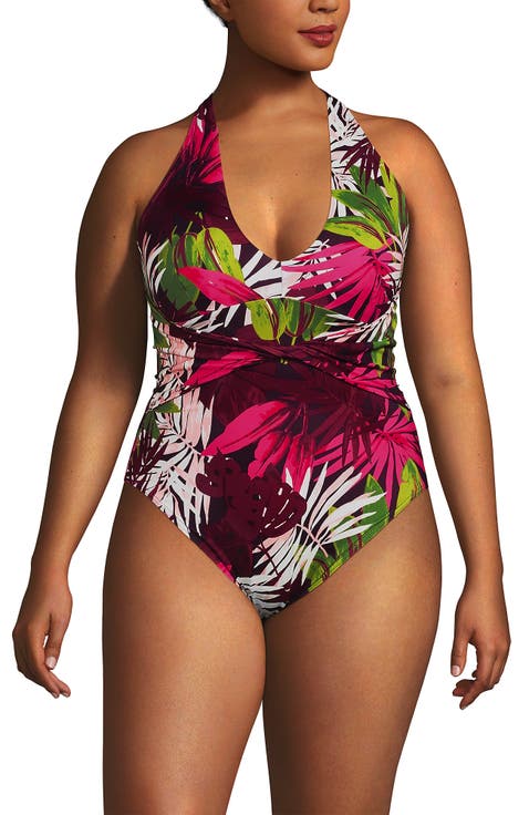 Plus Size Sculpting Suit Plunge Halter High Leg One Piece Swimsuit