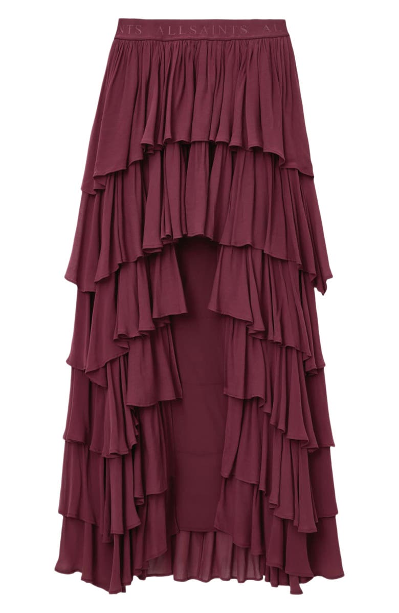 AllSaints Cavarly Layered Ruffle High-Low Maxi Skirt, Alternate, color, Tawny Port Red