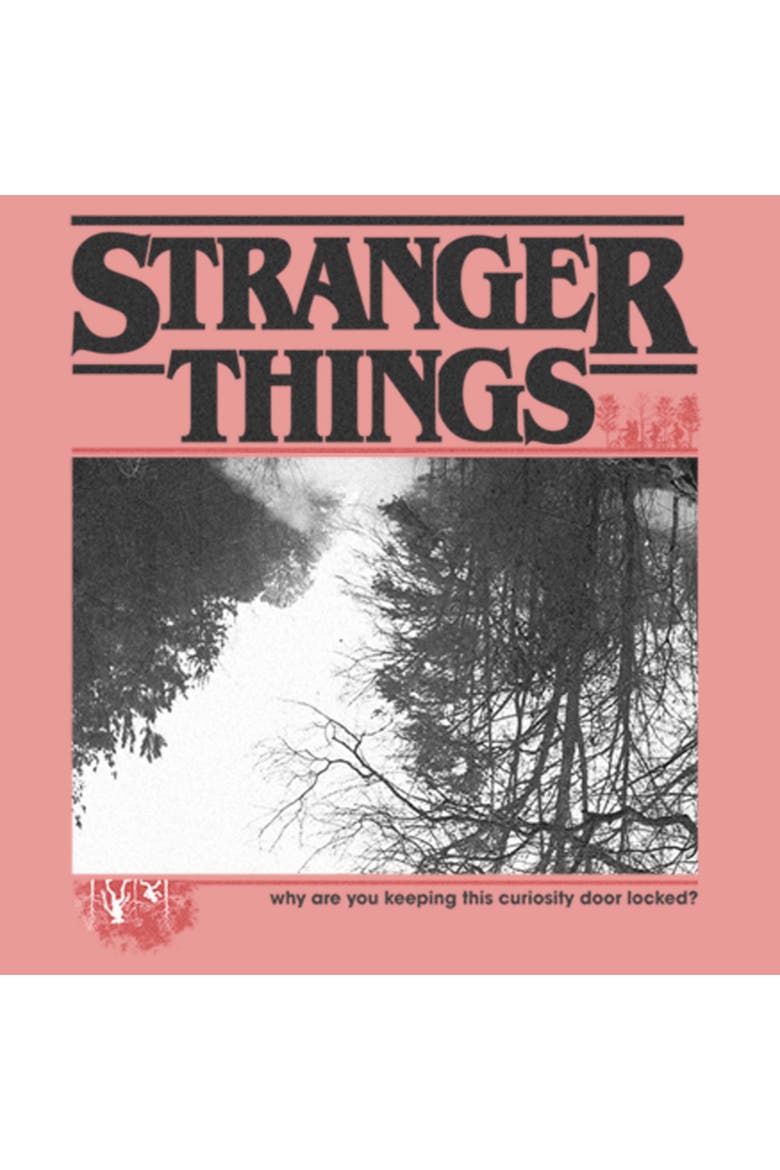 Junior's Stranger Things Curiosity Door Locked  Sweatshirt, Alternate, color, Desert Pink