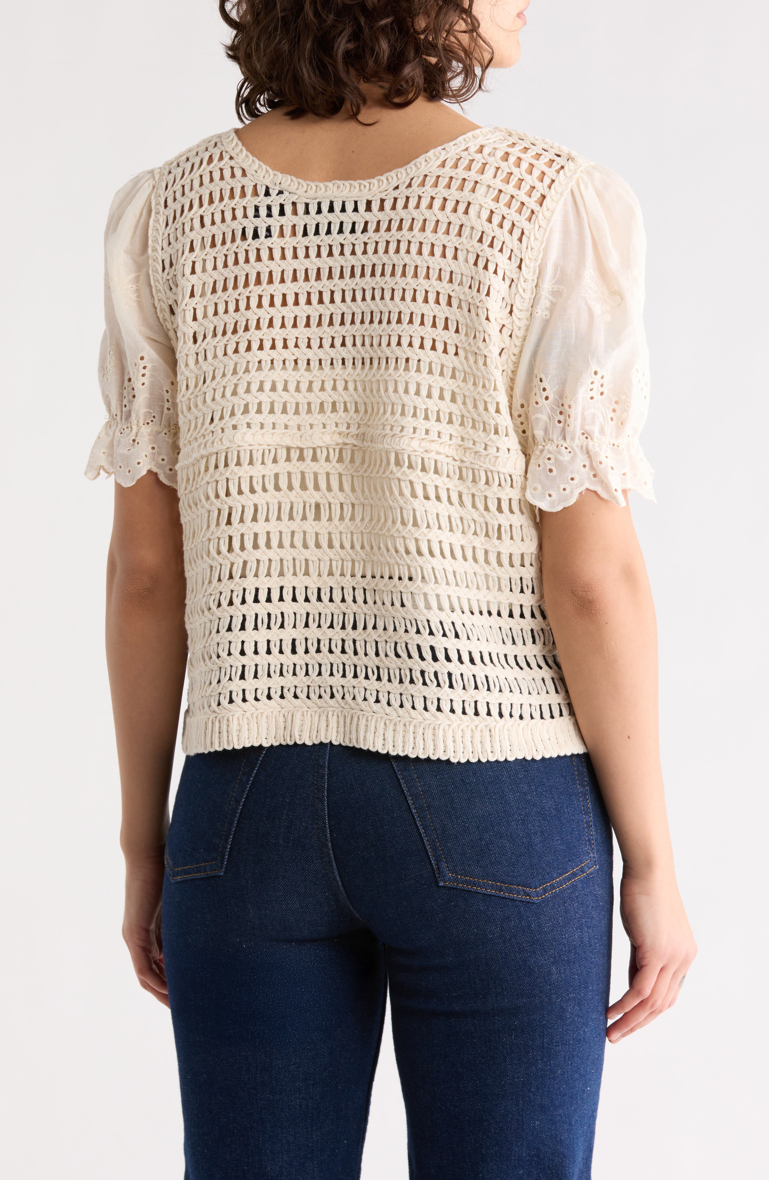 Cotton Eyelet Puff Sleeve Crochet Top - image 2
