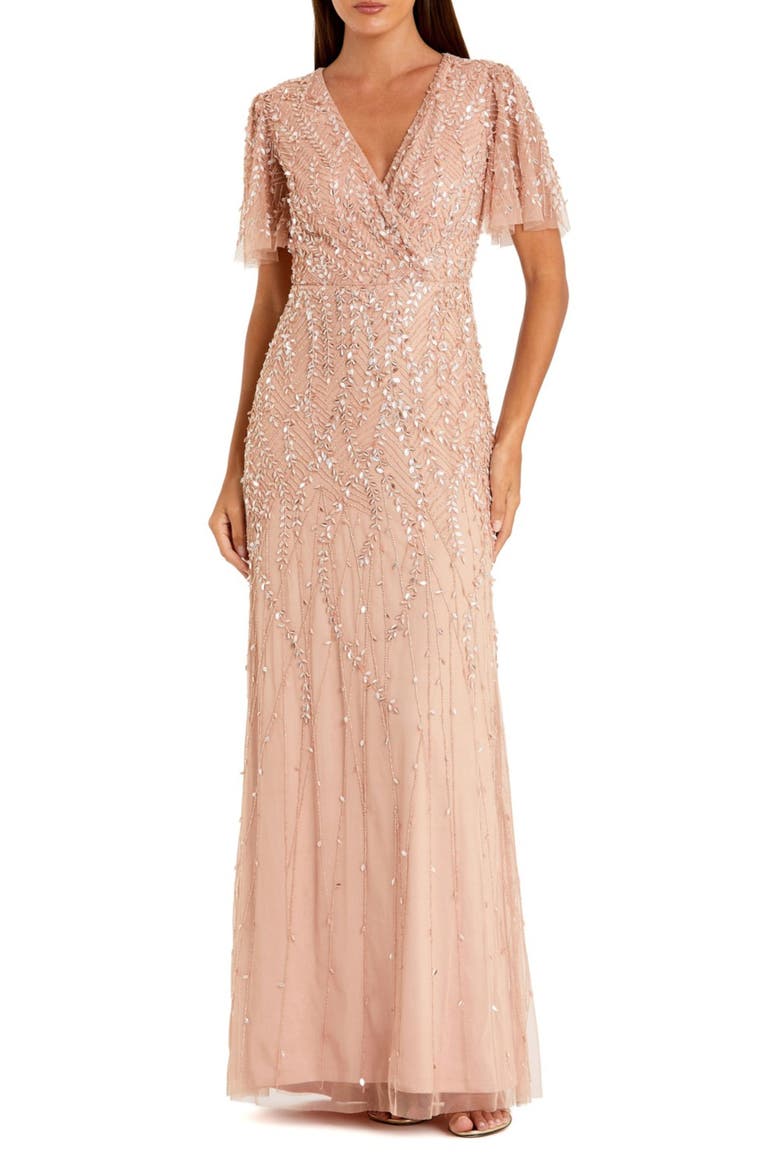 Petite Embellished Flutter Sleeve Evening Gown, Main, color, Nude