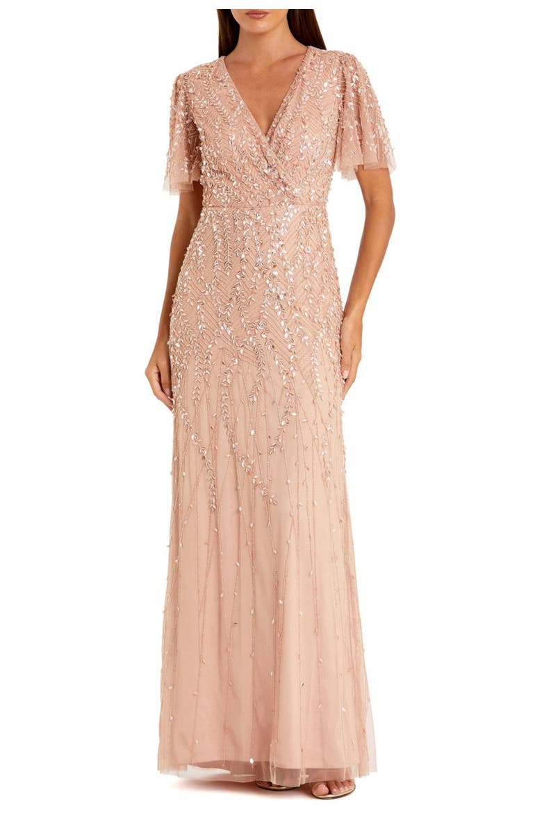 Mac Duggal Petite Embellished Flutter Sleeve Evening Gown, Main, color, Nude