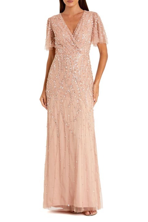Petite Embellished Flutter Sleeve Evening Gown
