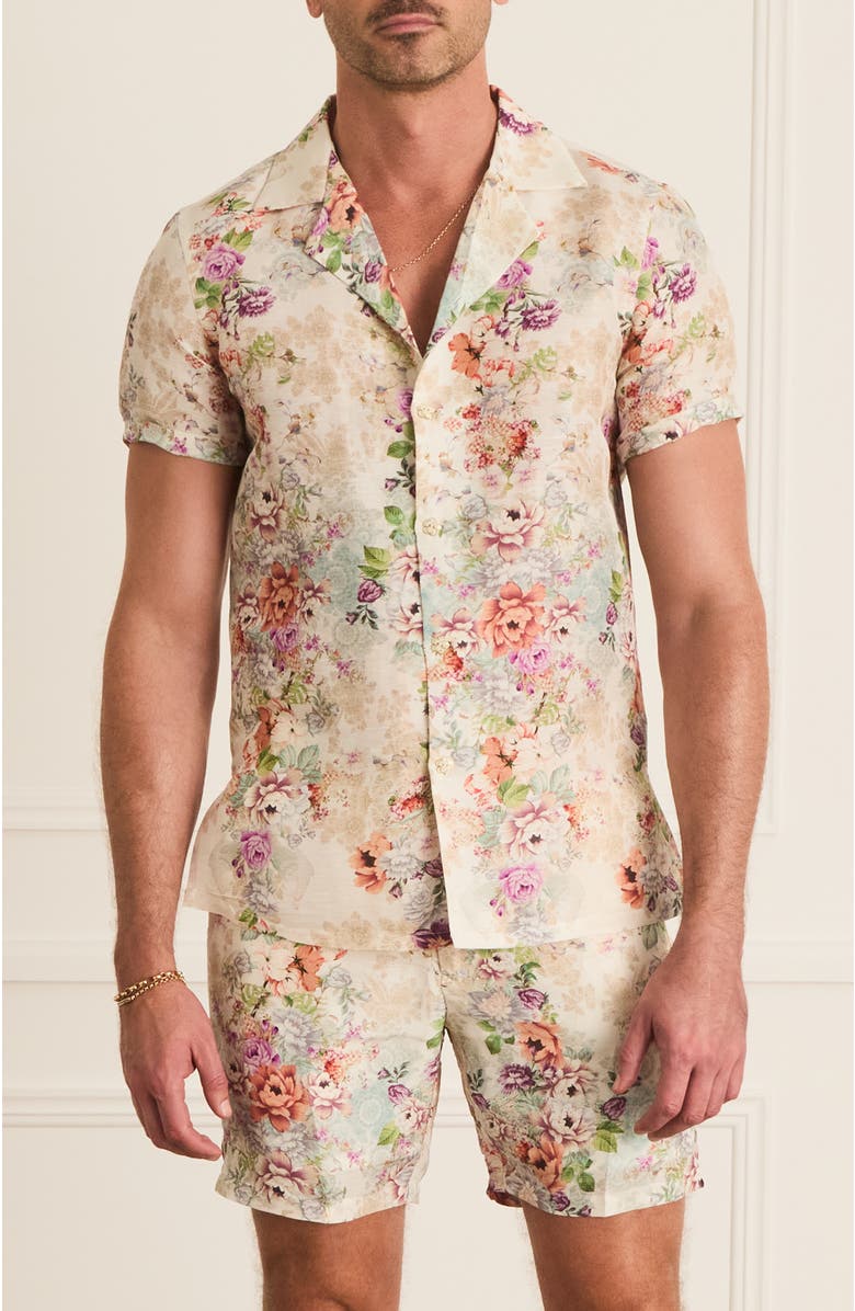 Aqua Blu Cascade Collar Jean Short Sleeve Shirt, Main, color, White Floral Print