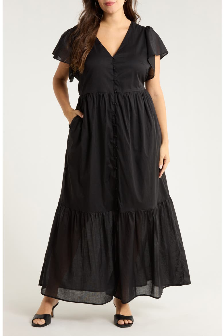 Brigid Flutter Sleeve Midi Dress, Main, color, BLACK