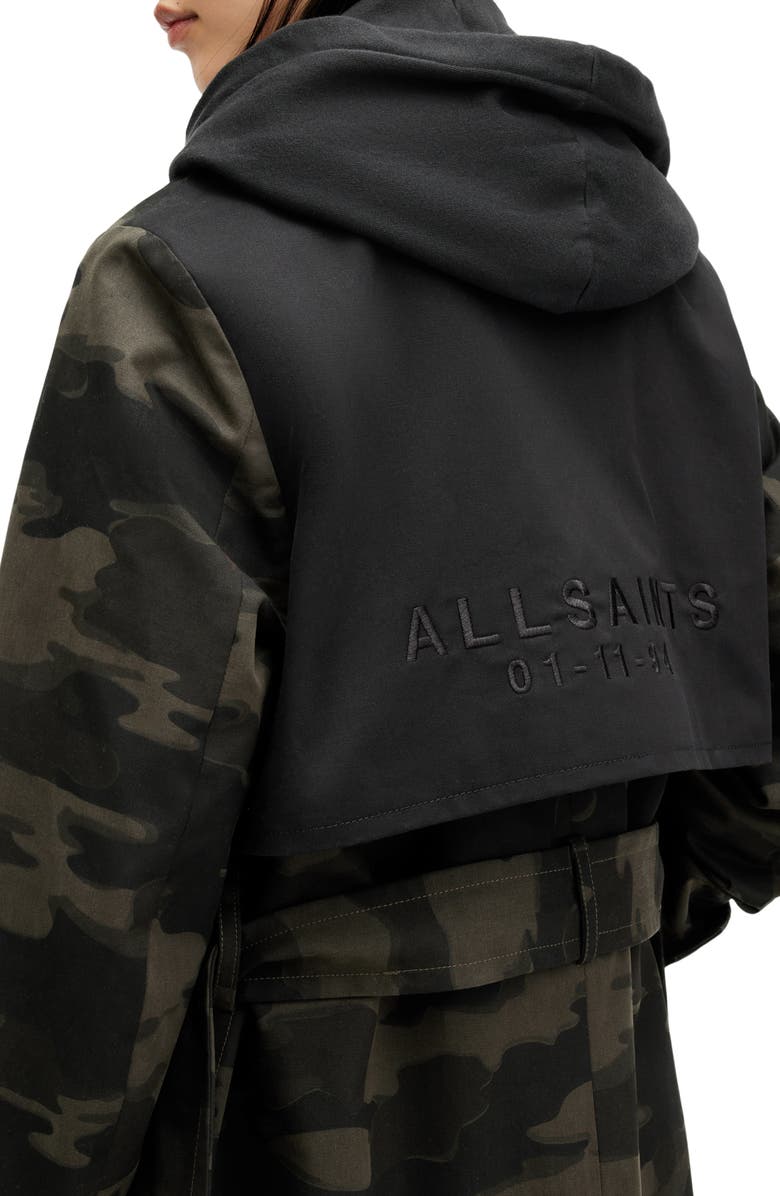 AllSaints Mixie Tie Waist Double Breasted Camo Trench Coat, Alternate, color,
