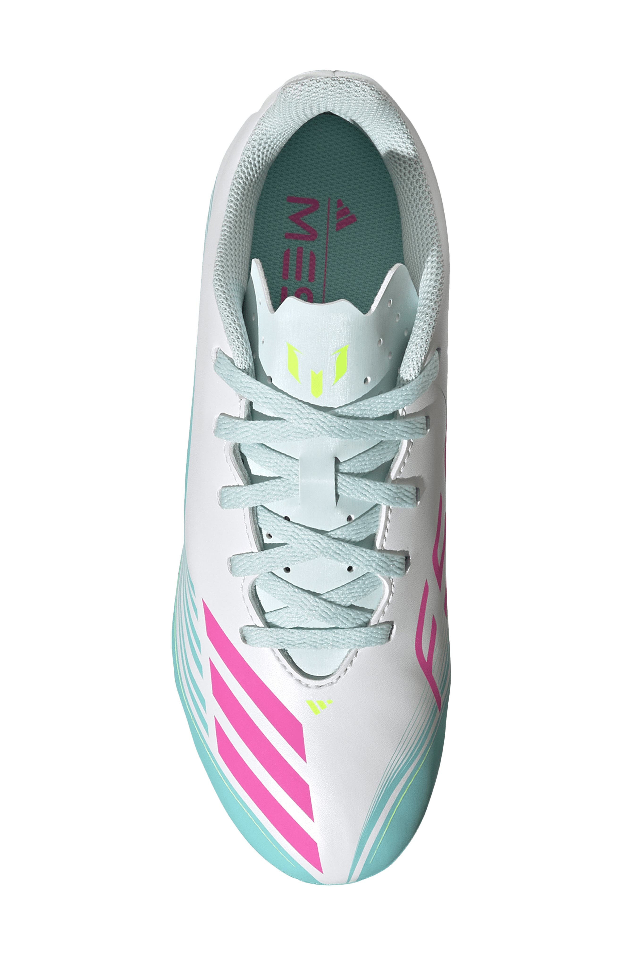 adidas Kids' F50 Messi Club Soccer Cleat, Alternate, color, White/ Lucid Pink/ Aqua