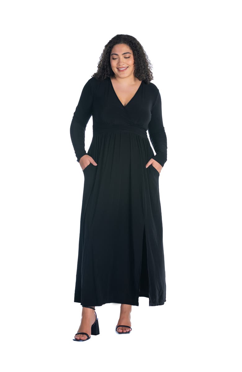 24seven Comfort Apparel Plus Size Long Sleeve V Neck Side Slit  Maxi Dress, Main, color, Black