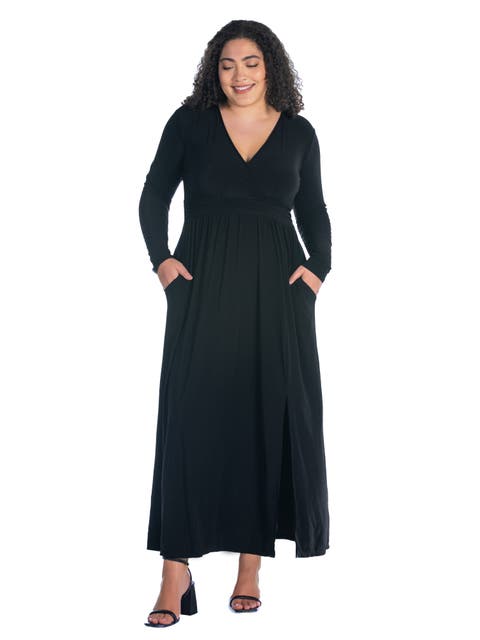 Plus Size Long Sleeve V Neck Side Slit  Maxi Dress