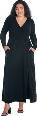 24seven Comfort Apparel Plus Size Long Sleeve V Neck Side Slit Maxi Dress