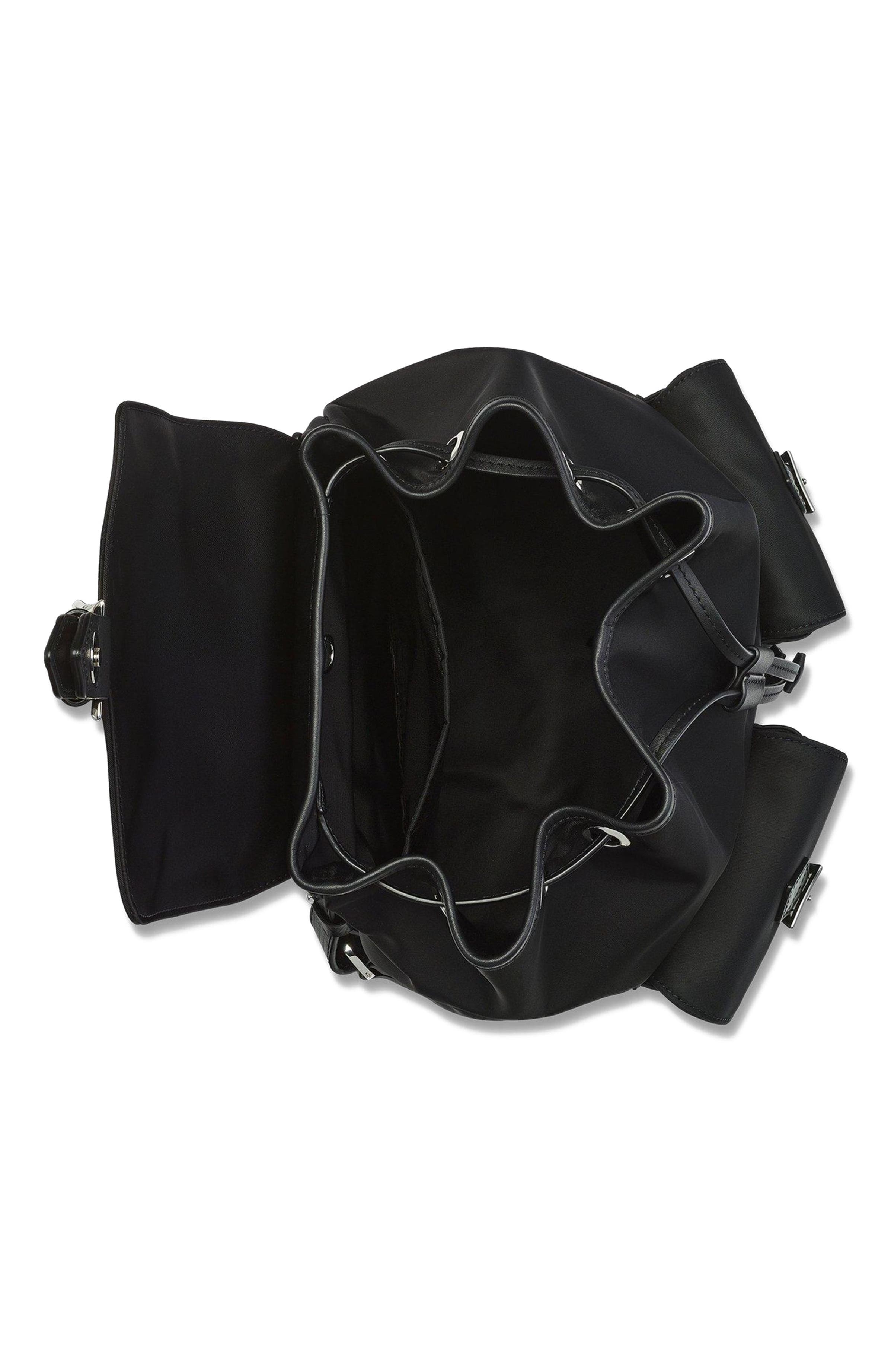 MCM Small Aren Drawstring Backpack in ECONYL and Leather, Alternate, color, Black