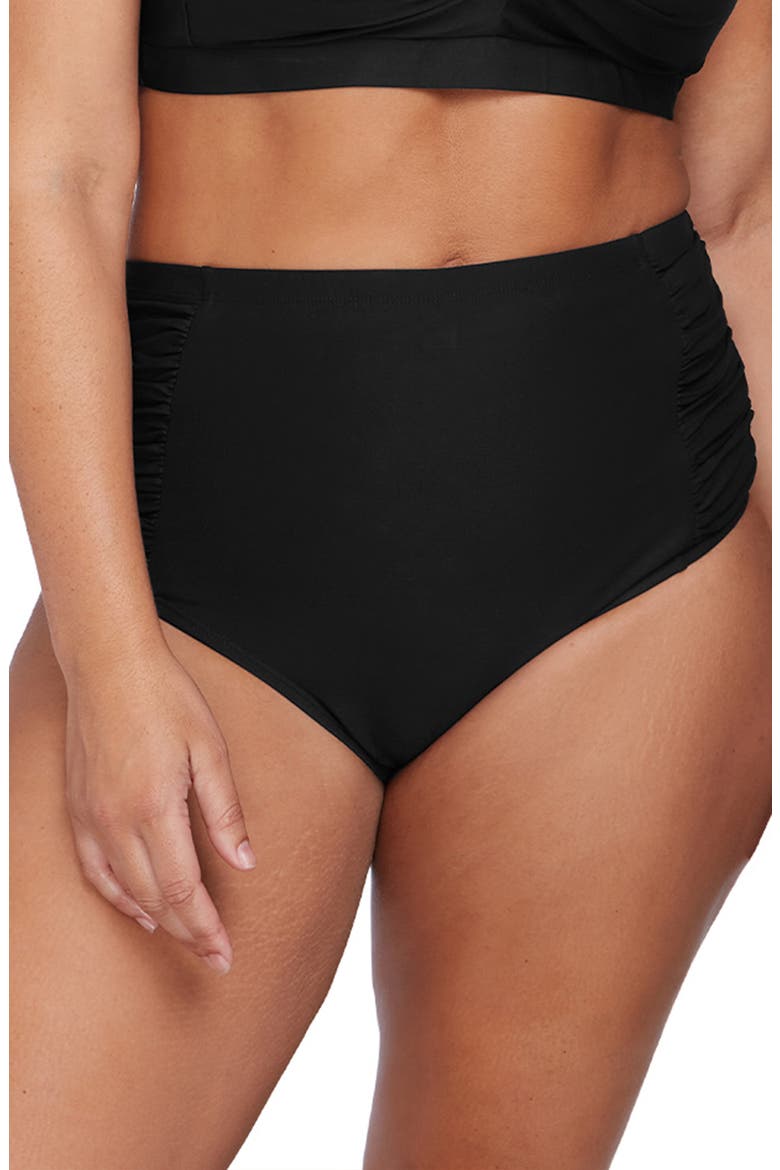 Hues High Waist Ruched Bikini Bottoms, Main, color, BLACK