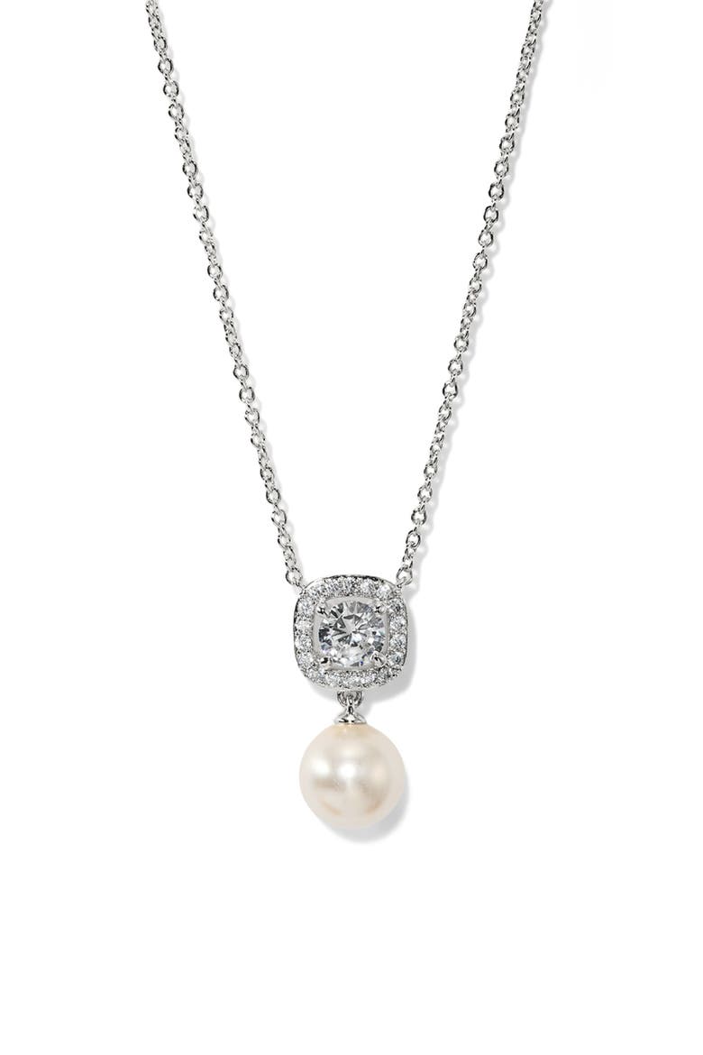 Undersea Cushion Halo Pearl Pendant Necklace, Main, color, RHODIUM