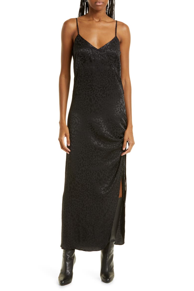 Cinched Leopard Print Satin Slipdress, Main, color, JET BLACK