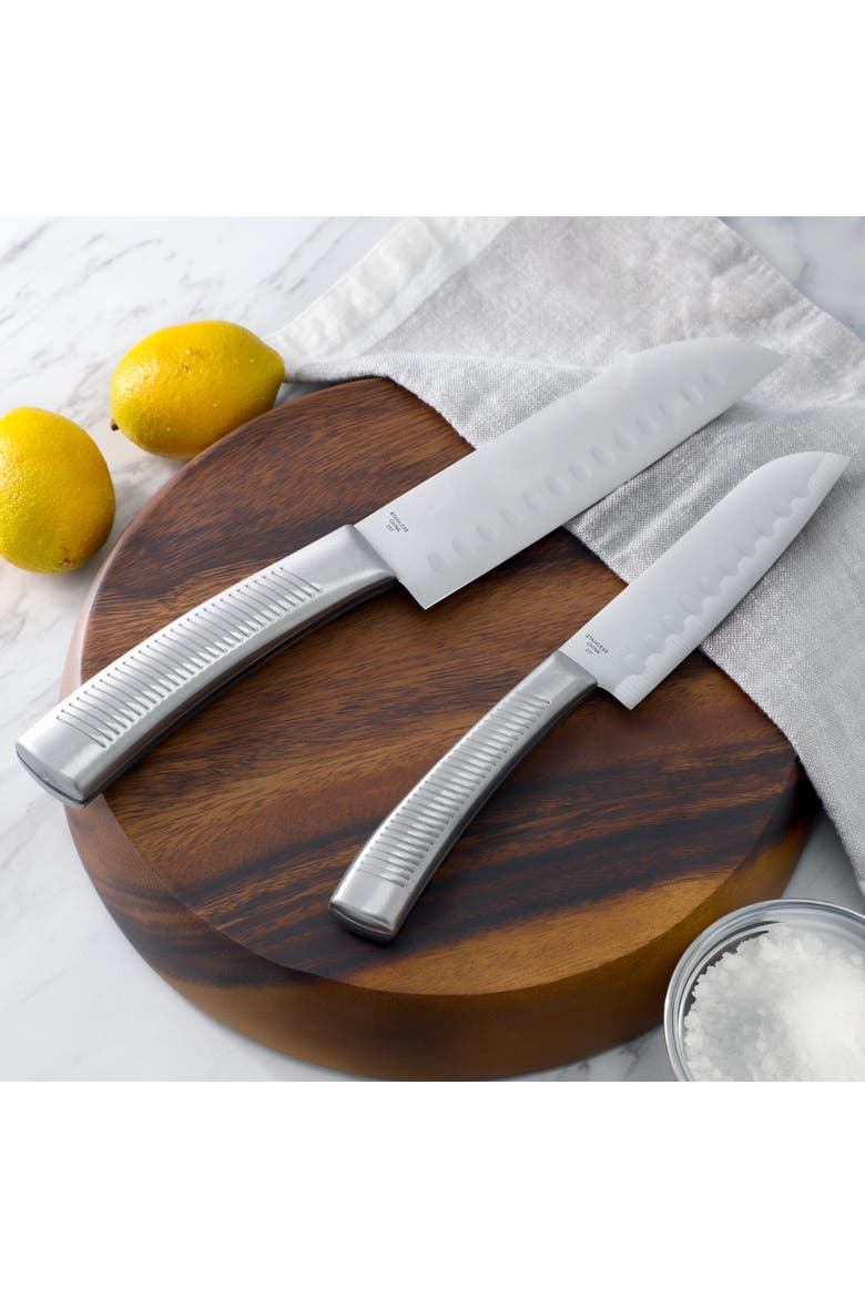2pc Stainless Steel Santoku Knife Set Ridged Handles, Alternate, color, Silver