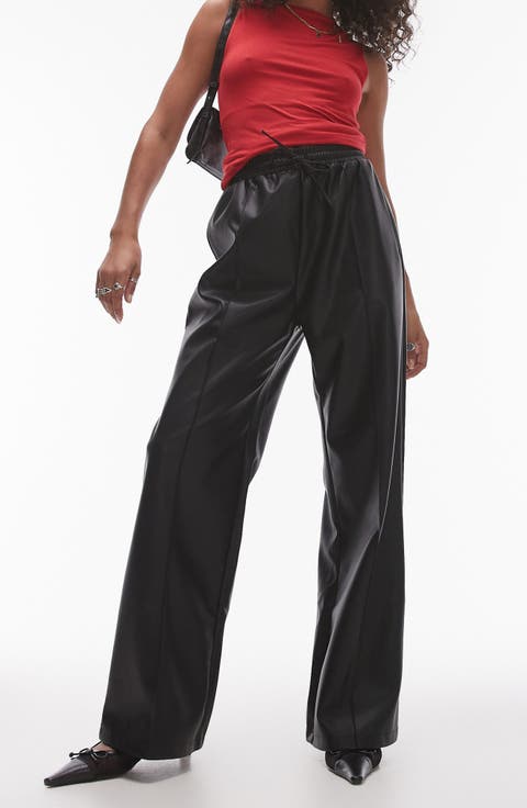 Faux Leather Wide Leg Drawstring Pants