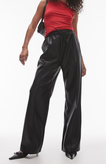Topshop Textured Satin Straight Leg Drawstring Pants In Black-brown In Black