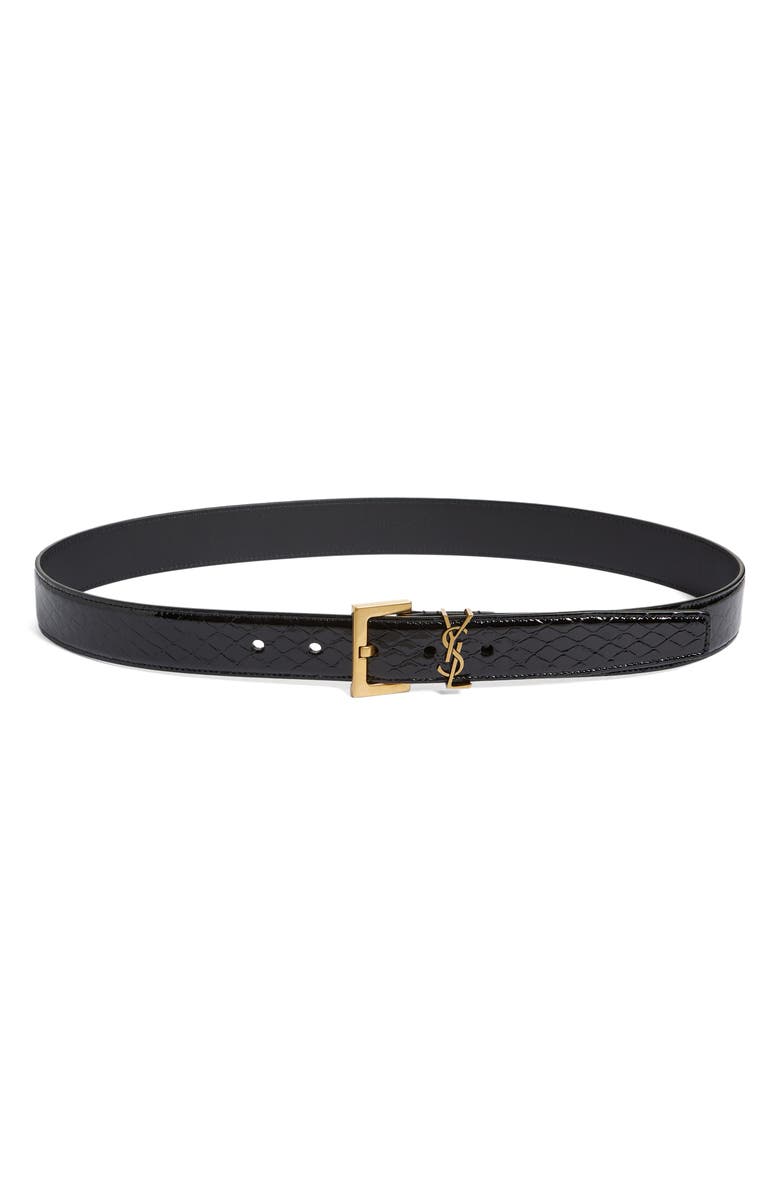 Saint Laurent Logo Snakeskin Embossed Leather Belt, Main, color, 