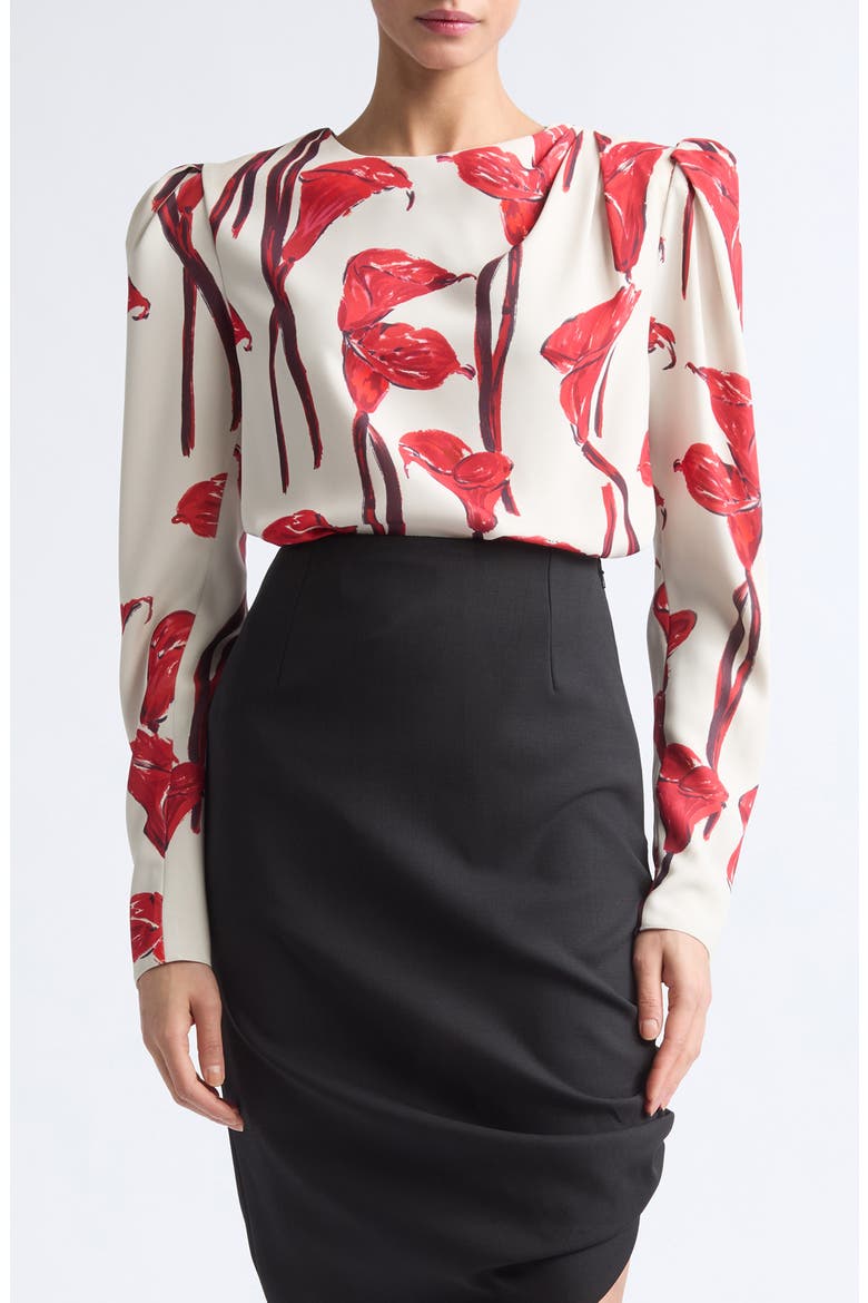 Floral Draped Puff Shoulder Blouse, Main, color, CERAMIC MULTI